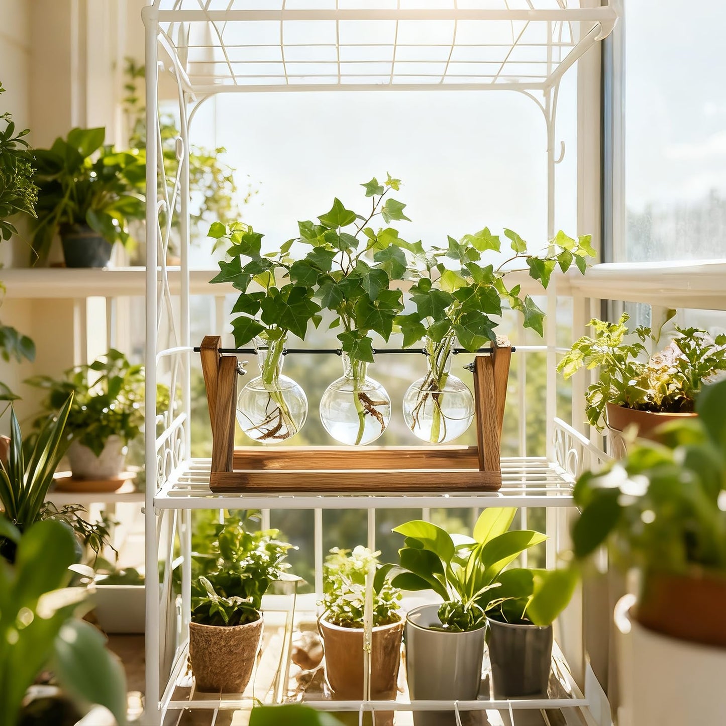 Renmxj Plant Propagation Stations with Wooden Stand & 3 Glass Bulb Vases - Plant Terrarium for Indoor Plants, Home Office Desk Decor, Gardening Gifts for Women Mom, Birthday Gifts for Plants Lovers