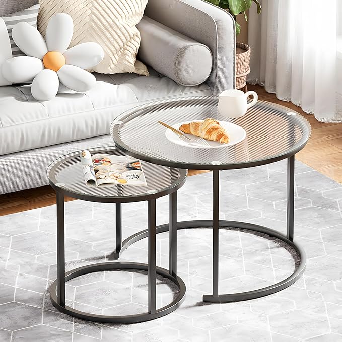 aboxoo Gold Nesting Coffee Table Set of 2, Small Glass Round Nesting Tables