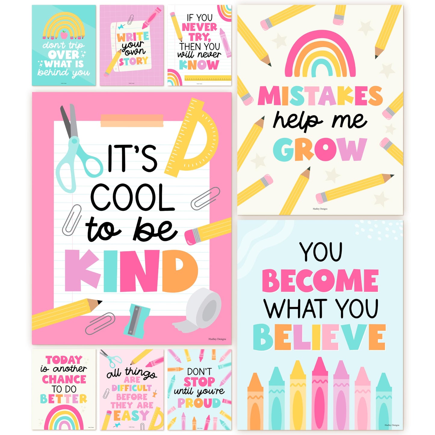 Hadley Designs Motivational Poster for Classroom Decor - 9 Growth Mindset Classroom Posters Elementary, Inspirational Wall Decor Middle School, Teacher Must Haves, Pastel Bulletin Board Decorations