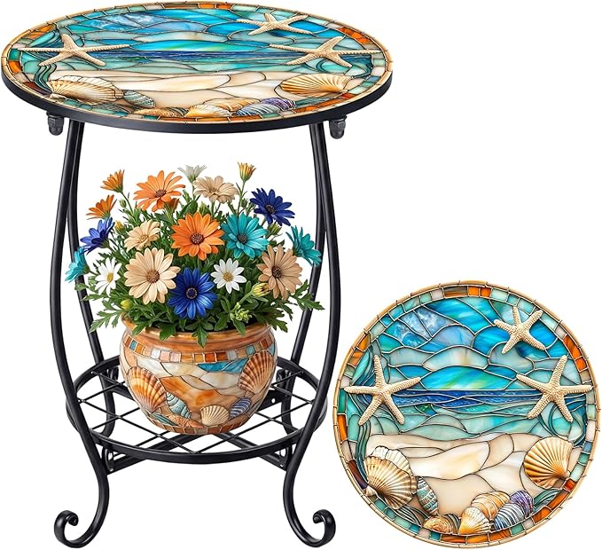Cinnvoice Outdoor Side Table Round Small Mosaic Patio Accent Indoor End Plant