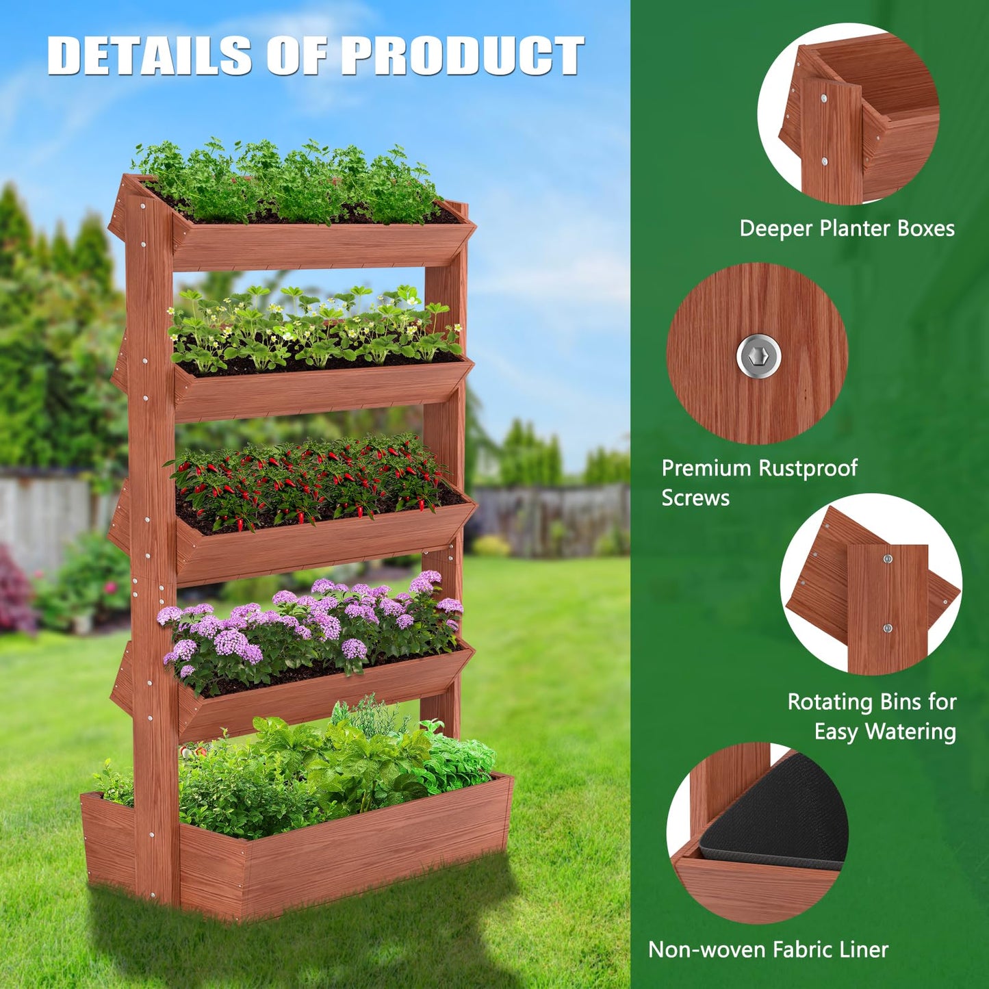 UrGROWA Wooden Vertical Raised Garden Bed, 5 Tier Garden Planters Raised Beds Freestanding Plant Stand Flower Rack Wooden Planter Box for Plants Herbs Flowers Vegetables Outdoor Indoor Gardening