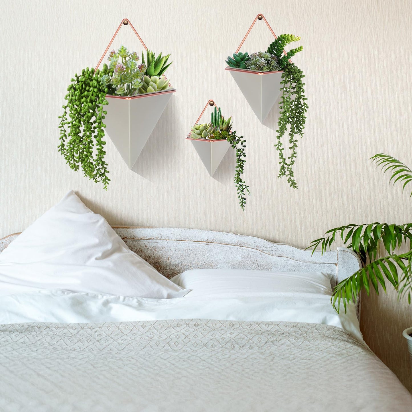 Rtteri 15 PCS Gray Wall Hanging Planter Set with Artificial Succulents, 3 Ceramic Geometric Wall Planters in 3 Sizes, Modern Indoor Decor for Living Room Bathroom Office