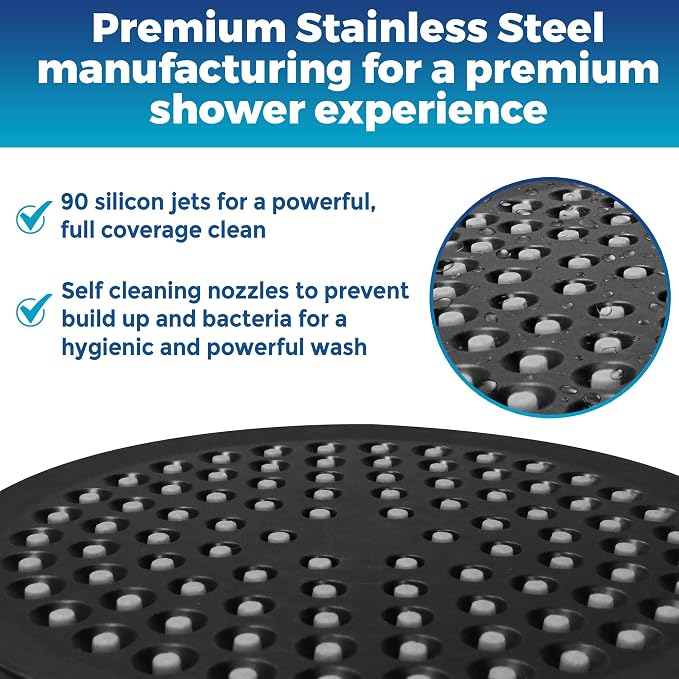 High Pressure Shower Head - Anti-Clogging Silicone Nozzles 2.5 GPM Removable Restrictor - Easy to Clean and Install - Includes Plumbers Tape - 6 inch - (Matte Black 2.5GPM)