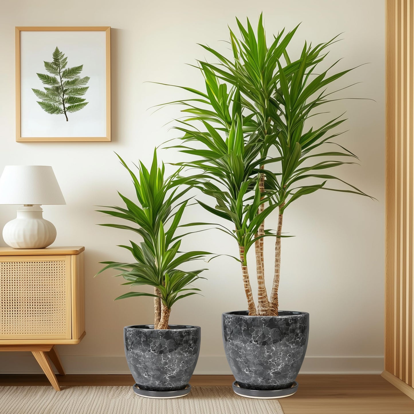 EPFamily Ceramic Pots for Plants - 10+8+6 Inch Modern Flower Pot for Indoor Outdoor, Round Planters with Drainage Holes and Trays, Office Garden Living Room Decor, Housewarming Gifts, Set of 3, Grey