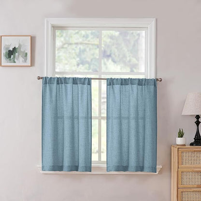 Tollpiz Linen Tier Curtains Rod Pocket Semi Sheer Short Kitchen Curtain Half Burlap Light Filtering Thick Linen Drape for Bathroom, 30 x 30 inches Long, Dusty Blue, Set of 2 Panels