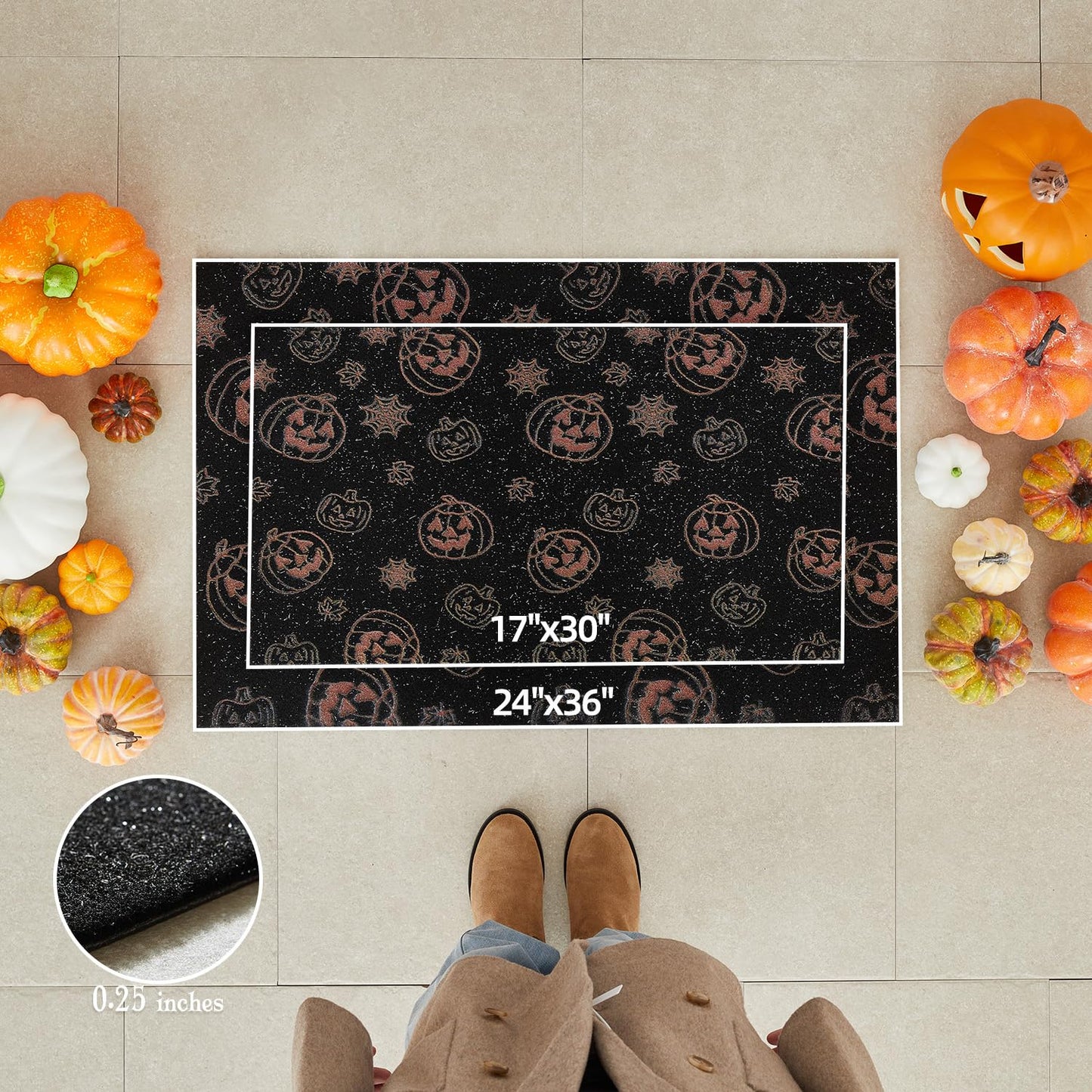 TYUU Pumpkin Front Door Mat Indoor Outside Entrance, Heavy Duty Dirt Trapper Doormat with Non Slip Backing Entryway Mat for Front Back Door, 17'' x 30'', Pumpkins Black