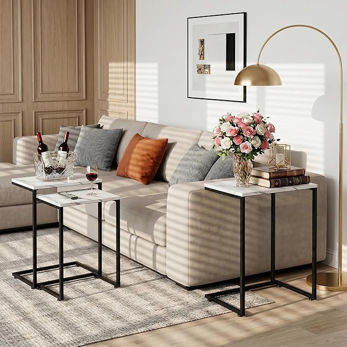 SUPER DEAL Nesting Tables Set of 3, Industrial C Shaped End Table Stackable