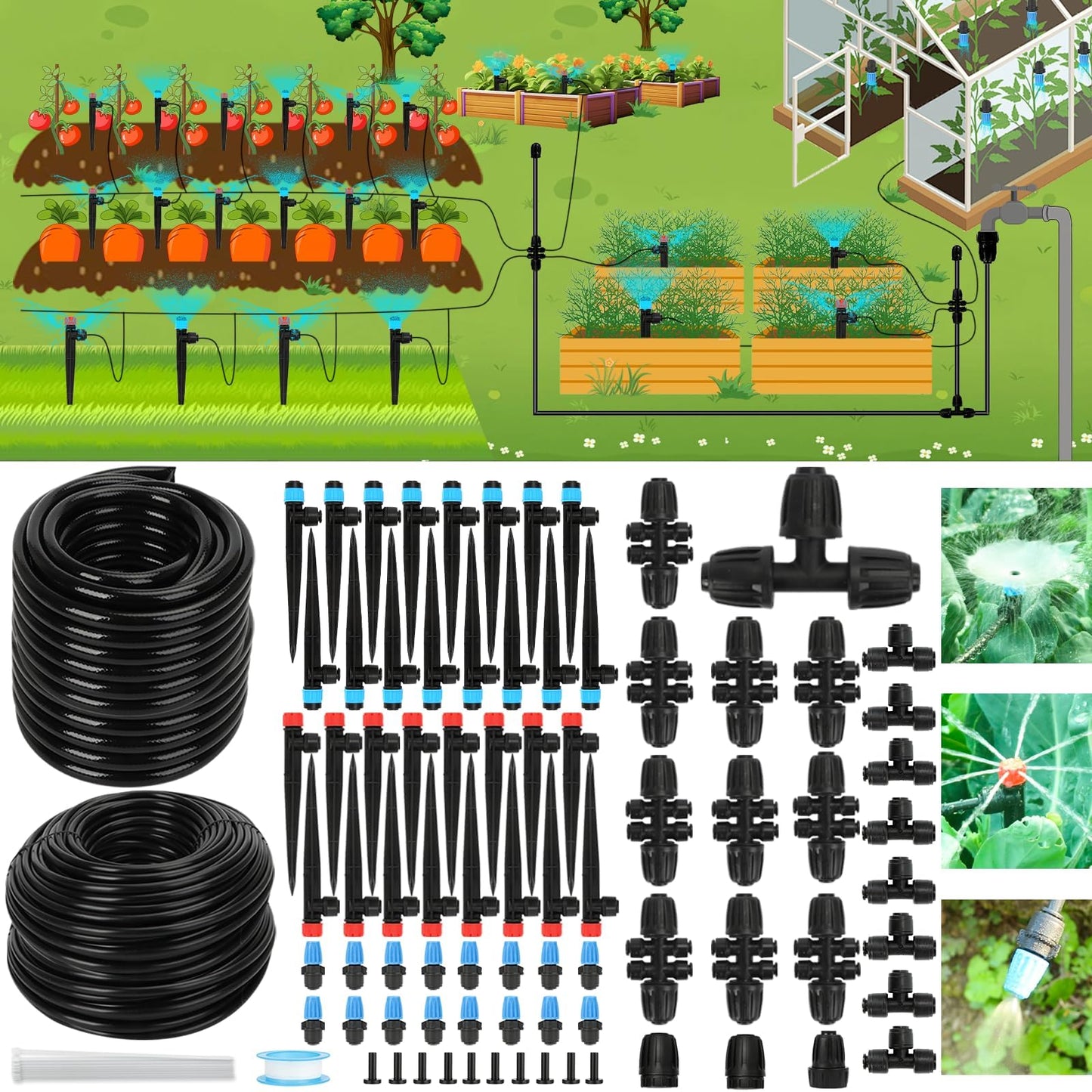 250FT Drip Irrigation Kit – 2026 New Quick-Connect Micro Irrigation System with 1/4'' 1/2'' Tubing, Locking Nozzle Emitters, Adjustable Misting Sprayers for Gardens, Lawns,Raised Beds and Greenhouses