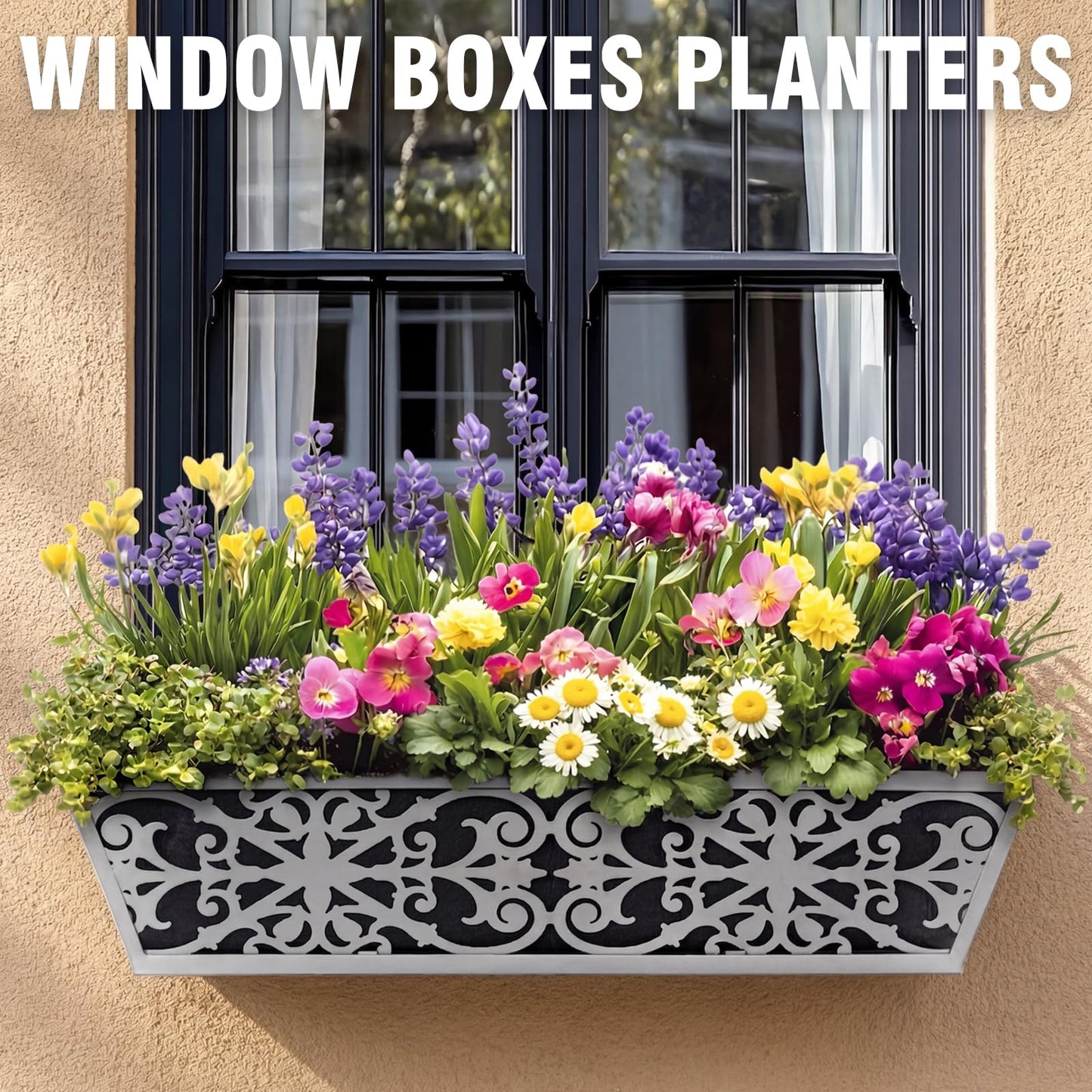 6 Pack 24 Inch Window Boxes Planter for Outdoor Plants Deck Railing Planters Box with Adjustable Brackets for Porch Fence Balcony Hanging Flower Baskets with Non-Woven Fabric Liner for Garden Decor