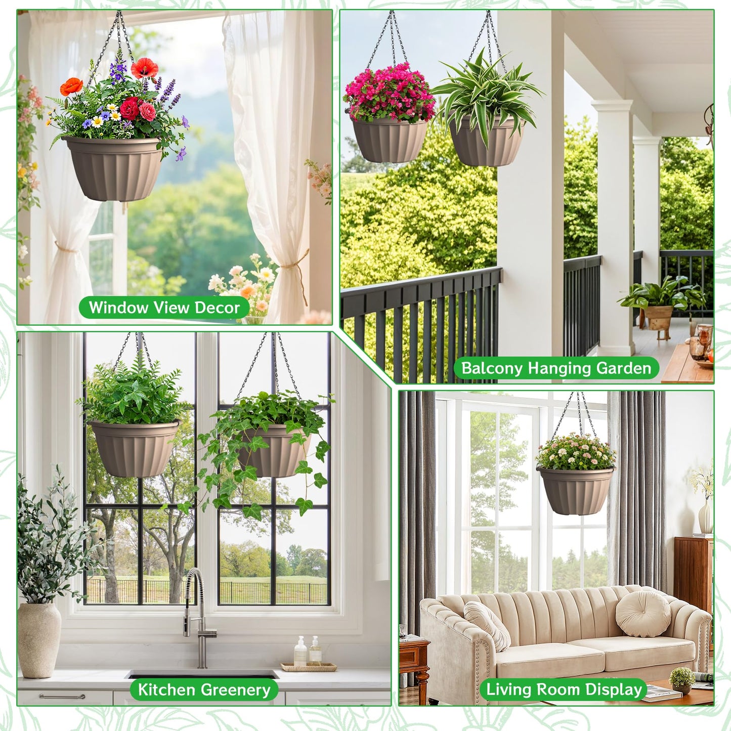 FGstyle 6 Pack Hanging Planters 8 Inch,Self Watering Pots for Indoor Plants,Plastic Hanging Basket with Soil Elevator and 20" Chain for Home Garden Porch Balcony Patio Decor(Beige)
