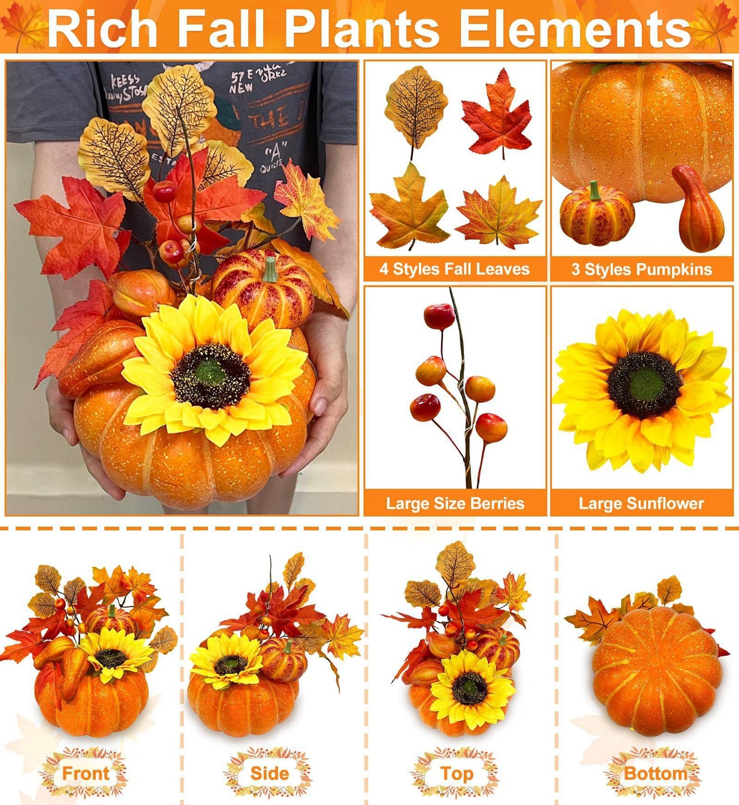 [Timer & Prelit] Thanksgiving Decorations Pumpkin Decor, Artificial Fake Pumpkin with Maples Leaves Sunflower Berried 20 LED Warm White Lights Fall Centerpieces for Tables Home Kitchen Porch Indoor