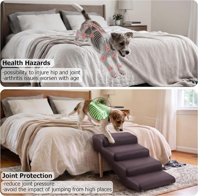 4-Step 18" H Dog Stairs for Bed Couch, Waterproof & Scratch PU Leather Pet Steps for Small Senior Dogs and Cats, Dog Ramp with 220 lbs Maximum, Oak Leg & Solid Wood, Non-Slip Feet,Brown