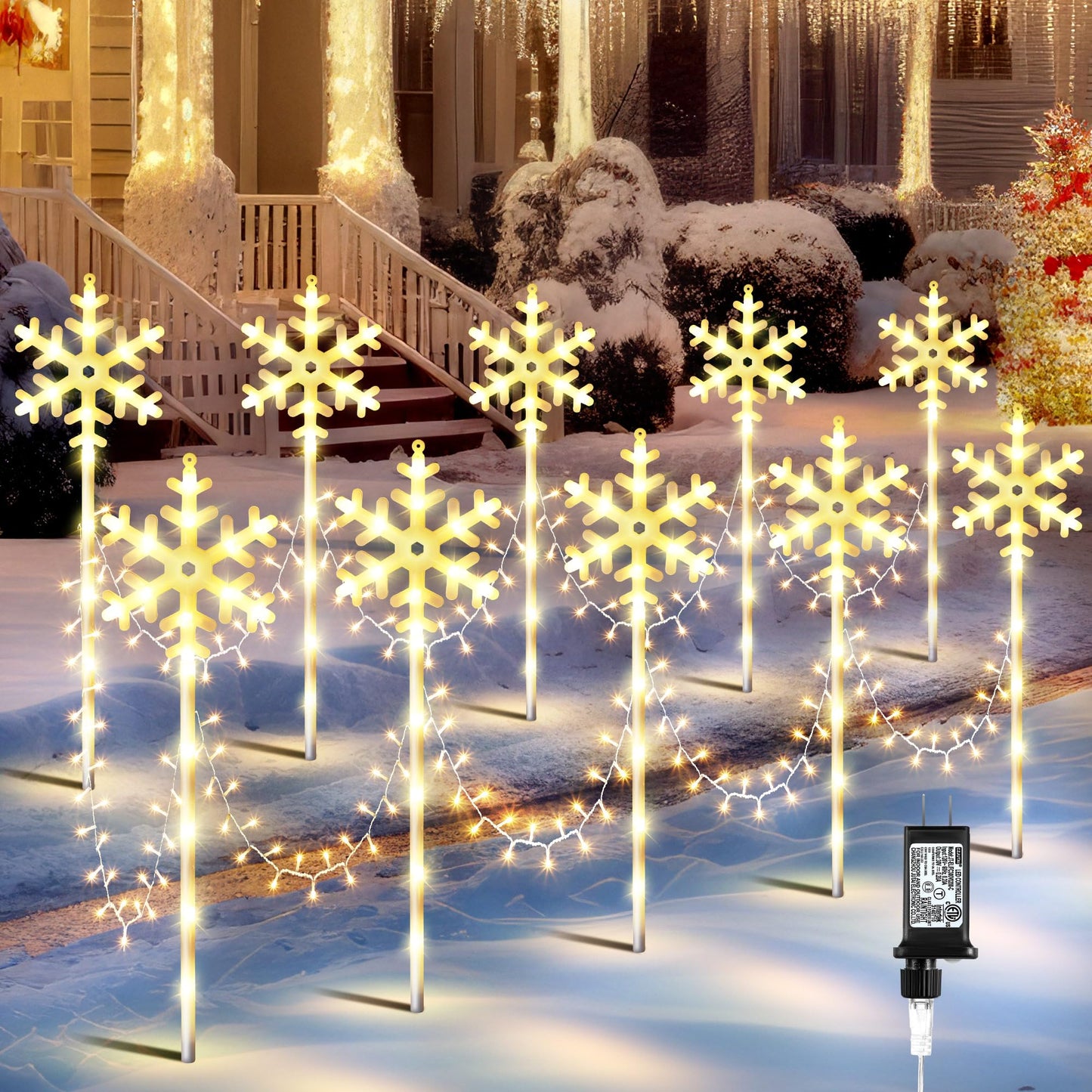 ElectricWise 10 Pcs Christmas Snowflake Pathway Stake Lights for Outdoor Yard, 370 Bright LEDs Waterproof Large Christmas Snowflake Light Decoration for Garden Lawn Driveway Walkway Decor (Warm White)