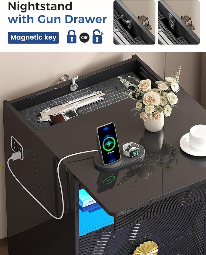 Nightstands Set of 2 with Gun Drawer, Bedside Table with 3-Color LED Lights &