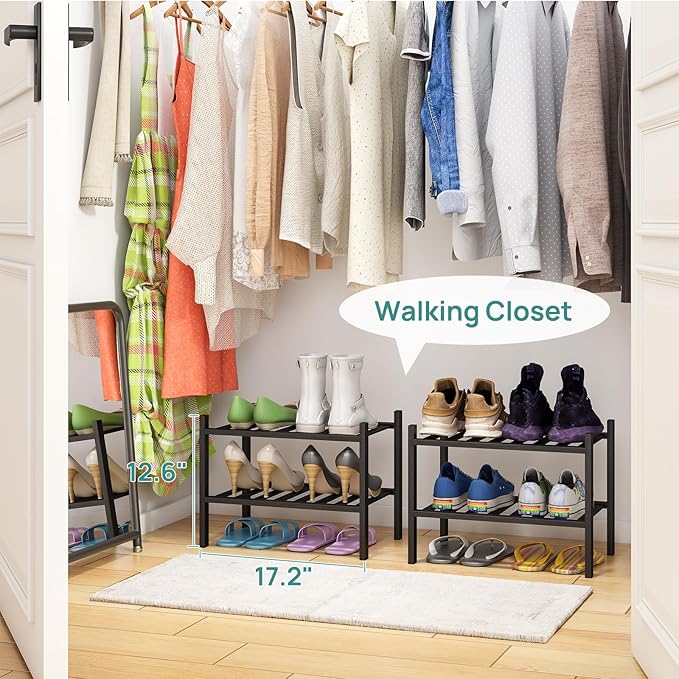 viewcare Black Small Shoe Rack for Entryway, 2-Tier Bamboo Shoe Organizer for