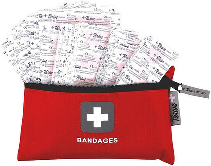 Thrive Bulk Fabric Adhesive Bandages Variety Pack - Portable Zipper Pouch for Travel & Car First Aid Kit - Waterproof & Latex-Free Bandages for Camping & Hiking First Aid Kit - 305 Piece Set, Red