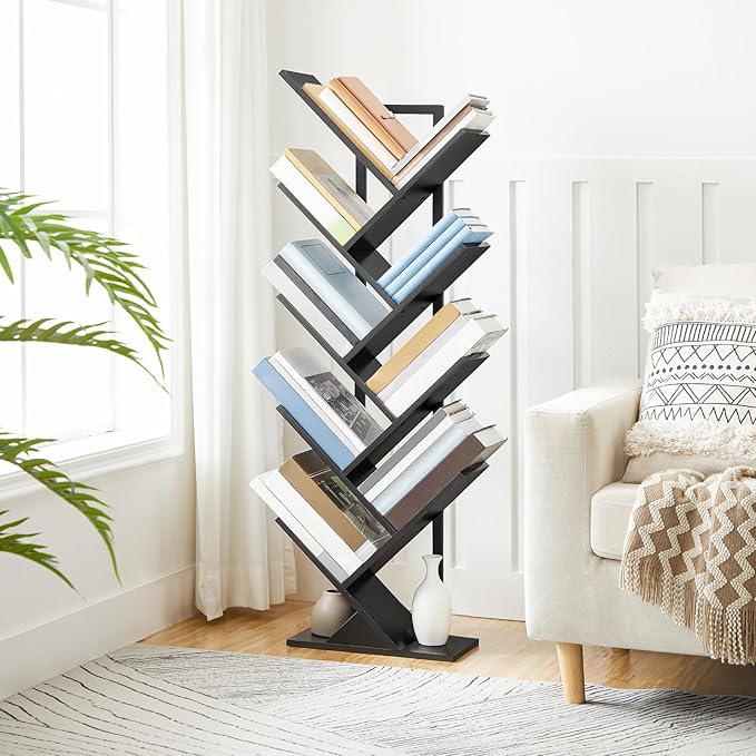 HOOBRO Tree Bookshelf, 9-Tier Bookcase Wooden Shelves, Floor Standing Storage