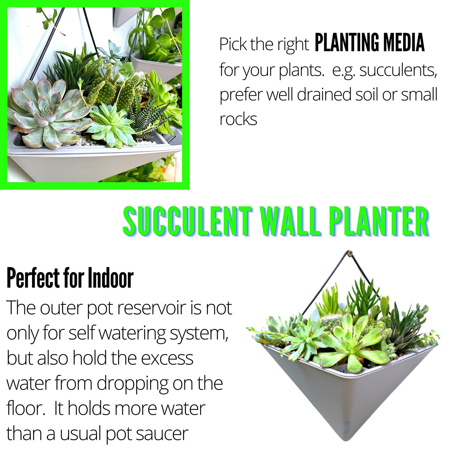 LaLaGreen Bundle - 12" x 6 Pack Gray + 12" x 2 Pack White Large Self Watering White Geometric Hanging Flower Vase Vessel with Metal Hanger, Modern Stylish Wall Mounted Succulent Pot Holder Decor