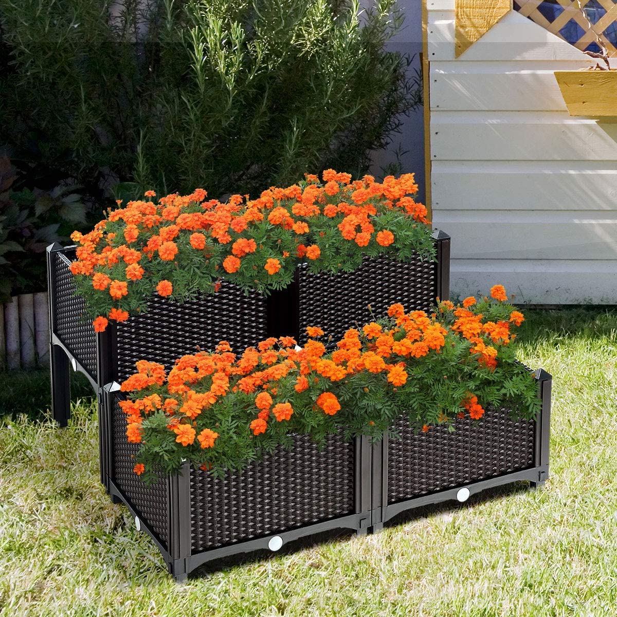 LDAILY LUARANE Raised Garden Bed Kit, Outdoor Plastic Planter Box Set of 4, Elevated Garden Beds with Brackets, Suitable for Garden Patio Balcony Dining Room