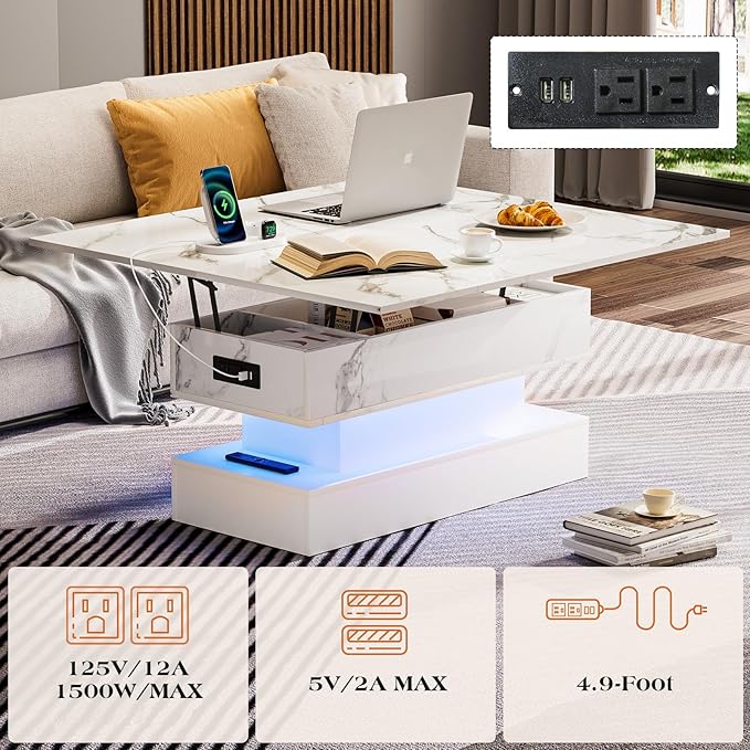 SYESWAY 39.4” Modern High Gloss Marble Lift Top Coffee Table