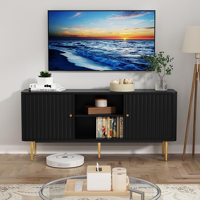 ARTPOWER 55” Fluted TV Stand, Mid Century Modern Black TV Stand