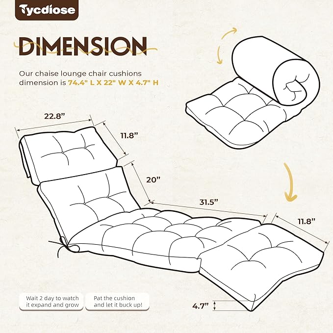 Outdoor Chaise Lounge Chair Cushion Waterproof 74.4 x 22 x 4.7 Inches Memory