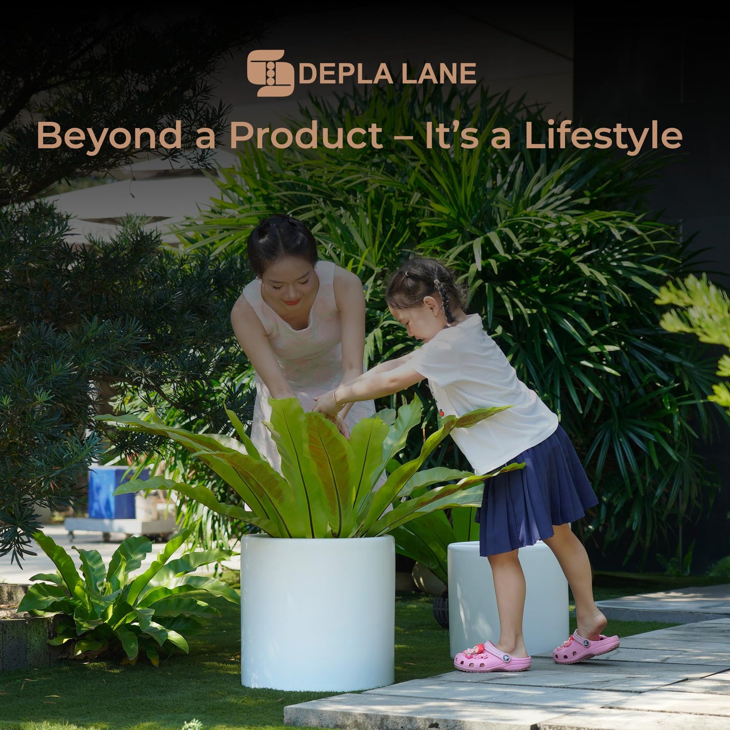 DEPLA LANE Lumero Fiberstone Cylinder Planter (12.0" Pot Opening x 13.8" D x 13.8" H) Smooth Finishes, Lightweight, Durable, UV Resistant, Modern Minimalist Decor, Indoor Outdoor Plant Pot (L, White)
