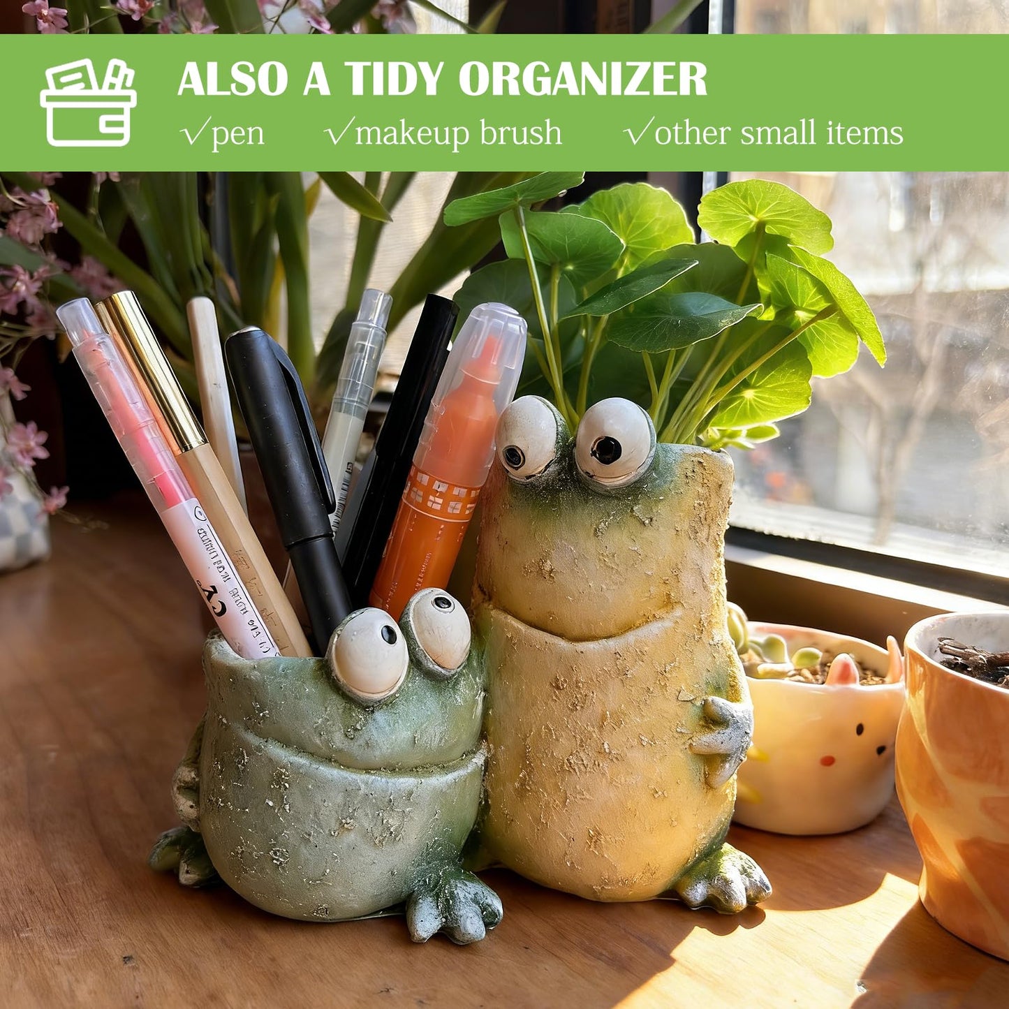 Cute Frog Planters,Funny Plant Pots with Dual Pots, Resin Funny Succulent Pots & Fun Planters for Indoor Windowsill Desk Office Decor, Gift for Plant Lovers