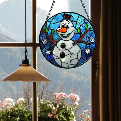 JOSUMALY Stained Glass Window Hanging Christmas Funny Snowman 15" - Suncatcher Door Garden Blue White Snowflakes Sun Catcher New Year Birthday for Friend Mom Men Woman Nana