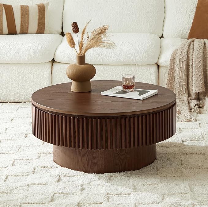 Round Coffee Table for Living Room, Fluted Drum Accent Tea Center Table