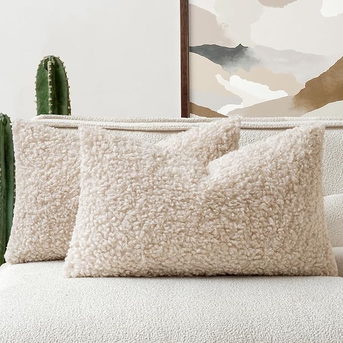 Faux Fur Throw Pillow Covers 20x12 Inch Set of 2 Boucle Neutral Decorative