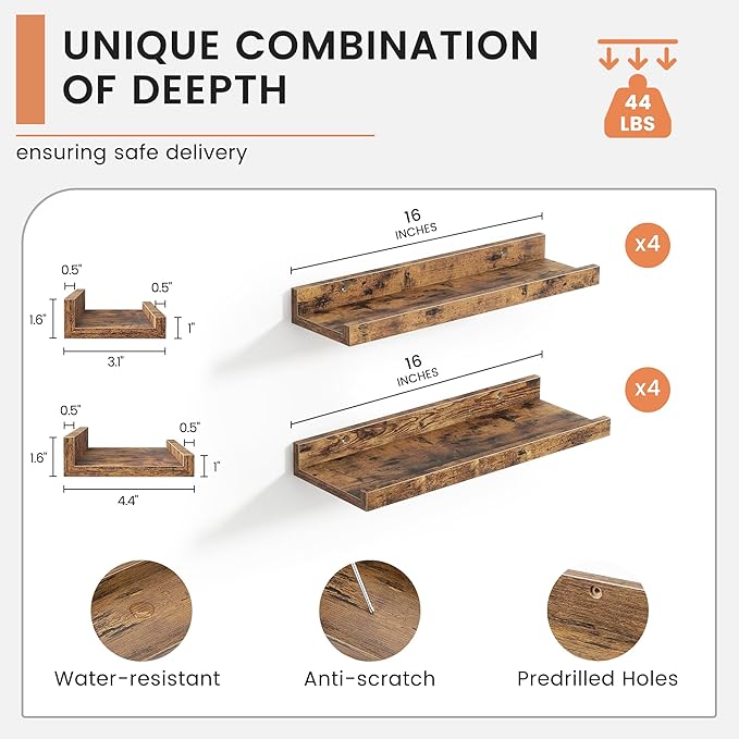 Floating Picture Ledge Shelves Set of 8, 16 Inch Solid Wood Wall Shelves