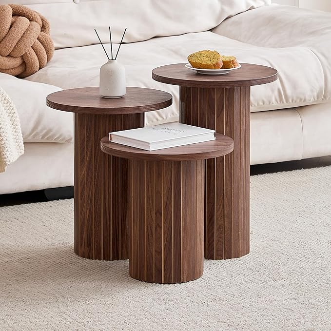 Round Side Tables Set of 3, Circle Modern Fluted Nesting Coffee Table, Accent