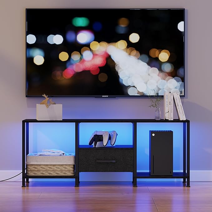 JARHETUN TV Stand with LED Lights, Entertainment Center with Open Shelves and