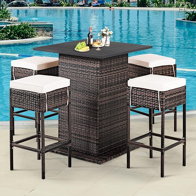 Tangkula 5 Piece Outdoor Rattan Bar Set, Patio Bar Furniture