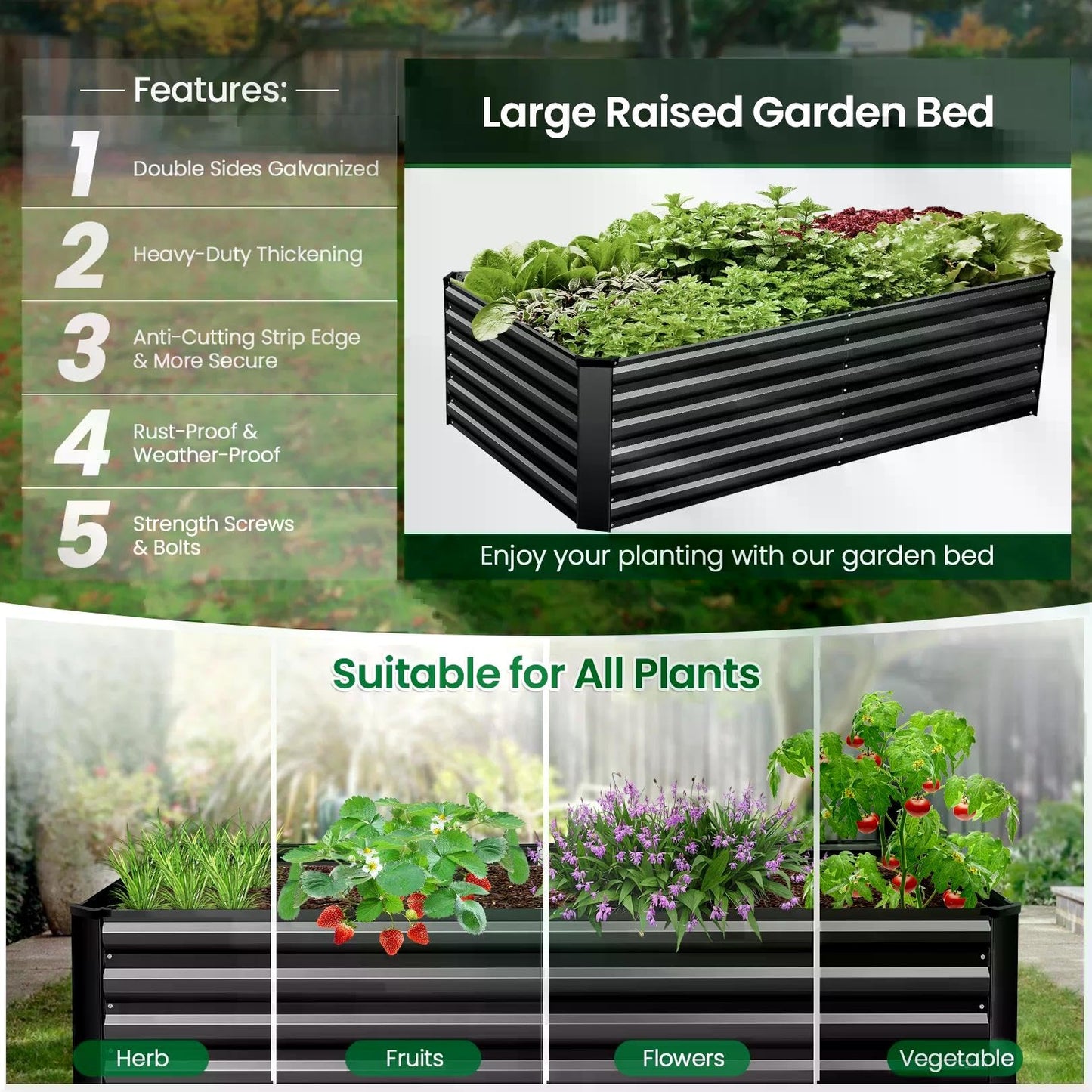 Homdox 6×3×2FT Galvanized Metal Raised Garden Bed Kit, Deep Root Elevated Planter Box w/Anti Cutting Strip & A Pair of Gloves, for Vegetables, Flowers, Herbs, Succulents, 265 Gallon Capacity, Black