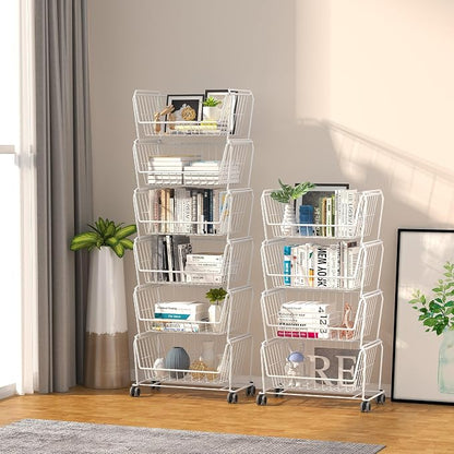 PUSDON 4-Tier Spacious Stackable Wire Storage Baskets with Wheels, Metal Rolling Utility Cart, Produce Basket for Pantry, Bathroom Organizer Shelf, Classic White