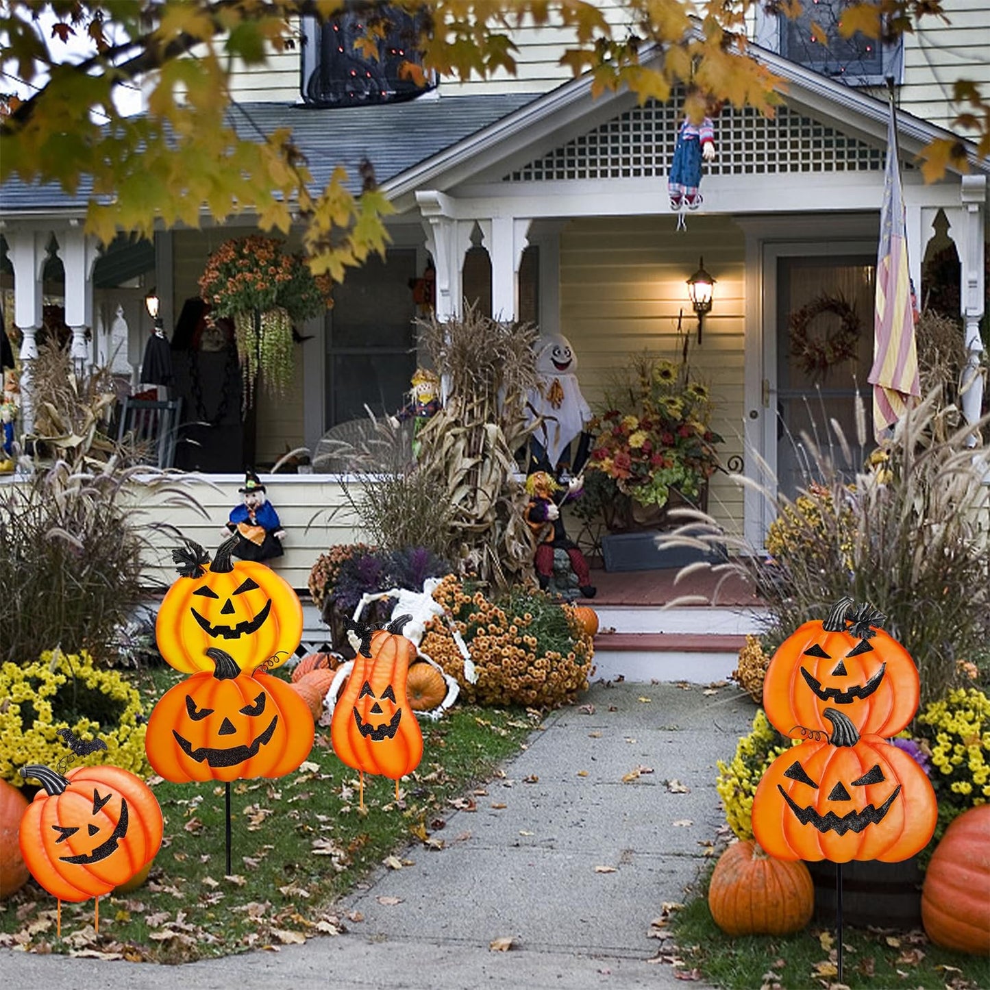 Juegoal 2 Pack Halloween Garden Stakes, Stacked Metal Pumpkins Jack-o-Lantern Lawn Decor, Yard Signs Stake Outdoor Decorative 3D Pumpkin Home Lawn Pathway Driveway Decorations