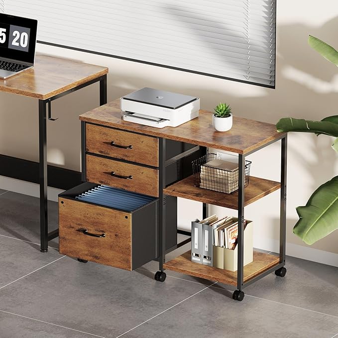 Maihail 3 Drawer File Cabinet with Wheels Rolling Printer Stand with Open Storage Shelf Fabric Lateral Filing Cabinet for Home Office,Rustic Brown2