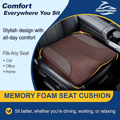 kingphenix Car Seat Cushion – Memory Foam Pad for Driving Comfort – Boosts Height and Relieves Coccyx & Lower Back Pain – Car, Truck, Office Chair (Leather & 4D Mesh Brown)