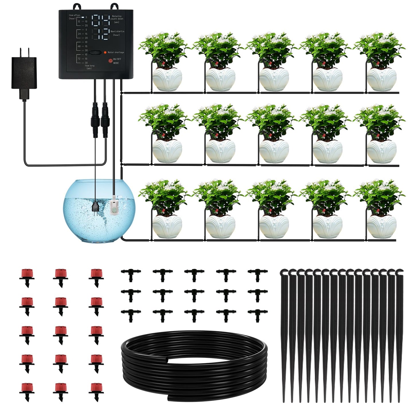 Automatic Plant Waterer Indoor, Drip Irrigation System for Potted Plants, Vacation Plant Self Watering Device, Drip Timer Auto Watering for Housplants, Garden, Greenhouse (15 Pots, Adjustable Dripper)