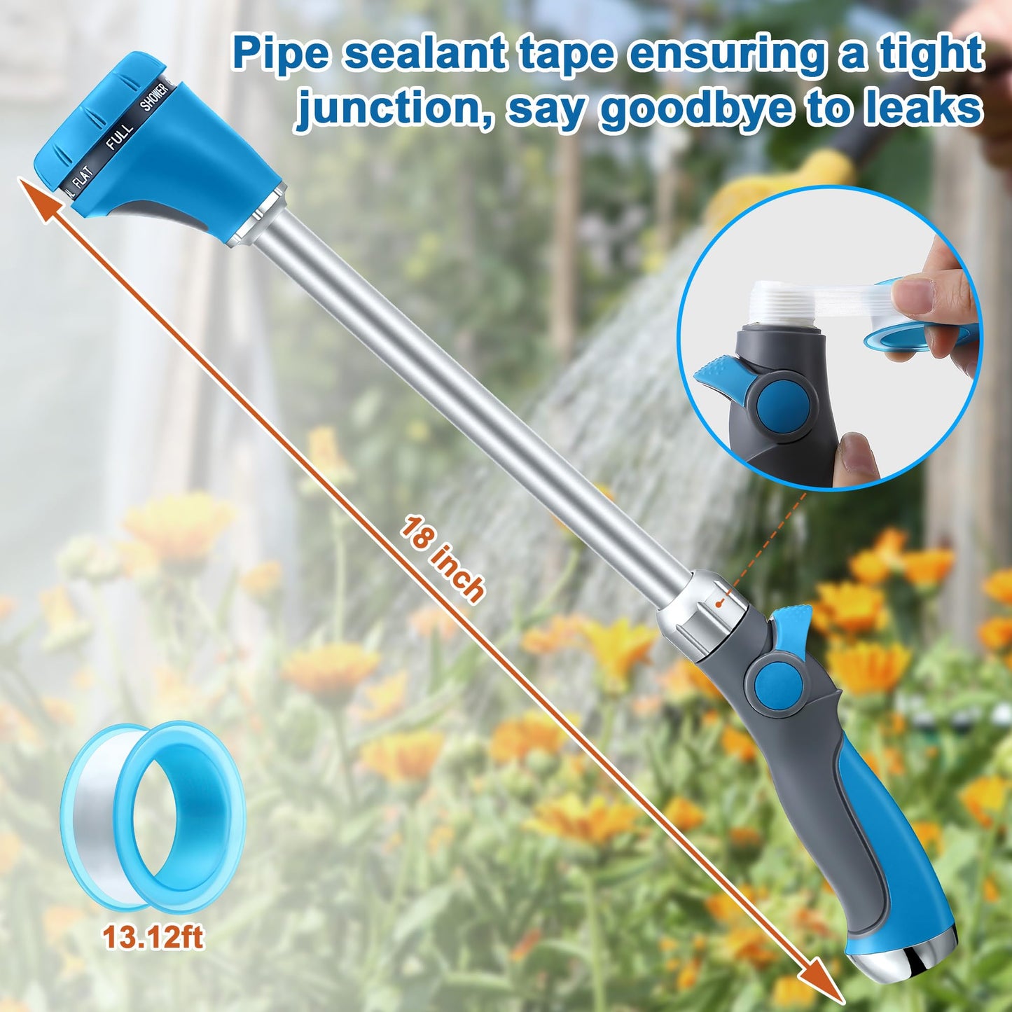 Saillong 18" Watering Wand for Garden Hose Heavy Duty, Metal Garden Hose Wand Sprayer with Thumb Control & 8 Spray Patterns, Hose Nozzle Wand for Lawn Plants Hanging Baskets, Pipe Tape Included