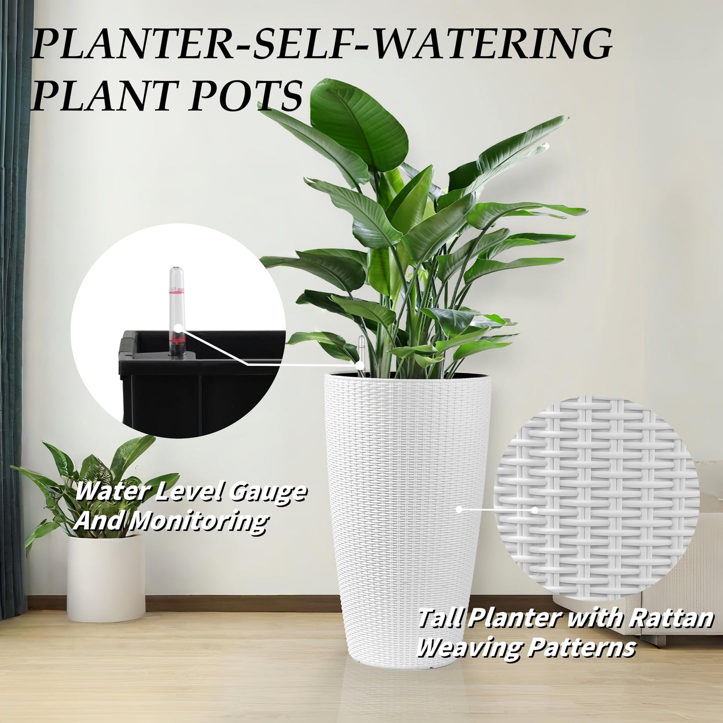Vigo huseeo 22" Tall Planter Set of 2, Large Self Watering Pots for Indoor/Outdoor Plants with Drain Holes, Water Level Monitor, Inner Bucket for Front Porch Patio, White Rattan Conical