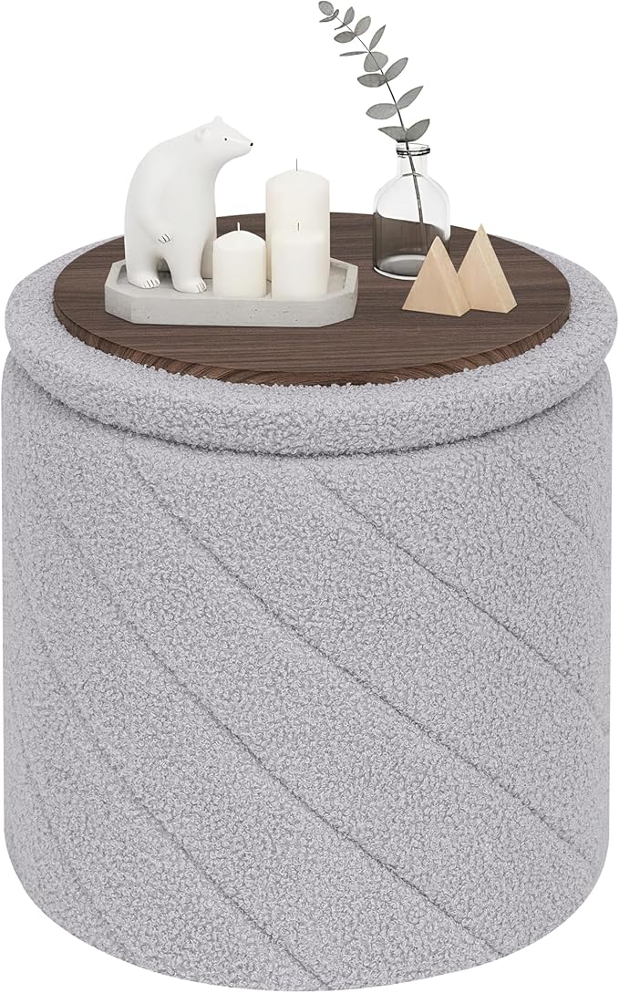 PINPLUS Ottoman with Stroage Round Boucle Ottoman and Tray Sherpa Removable