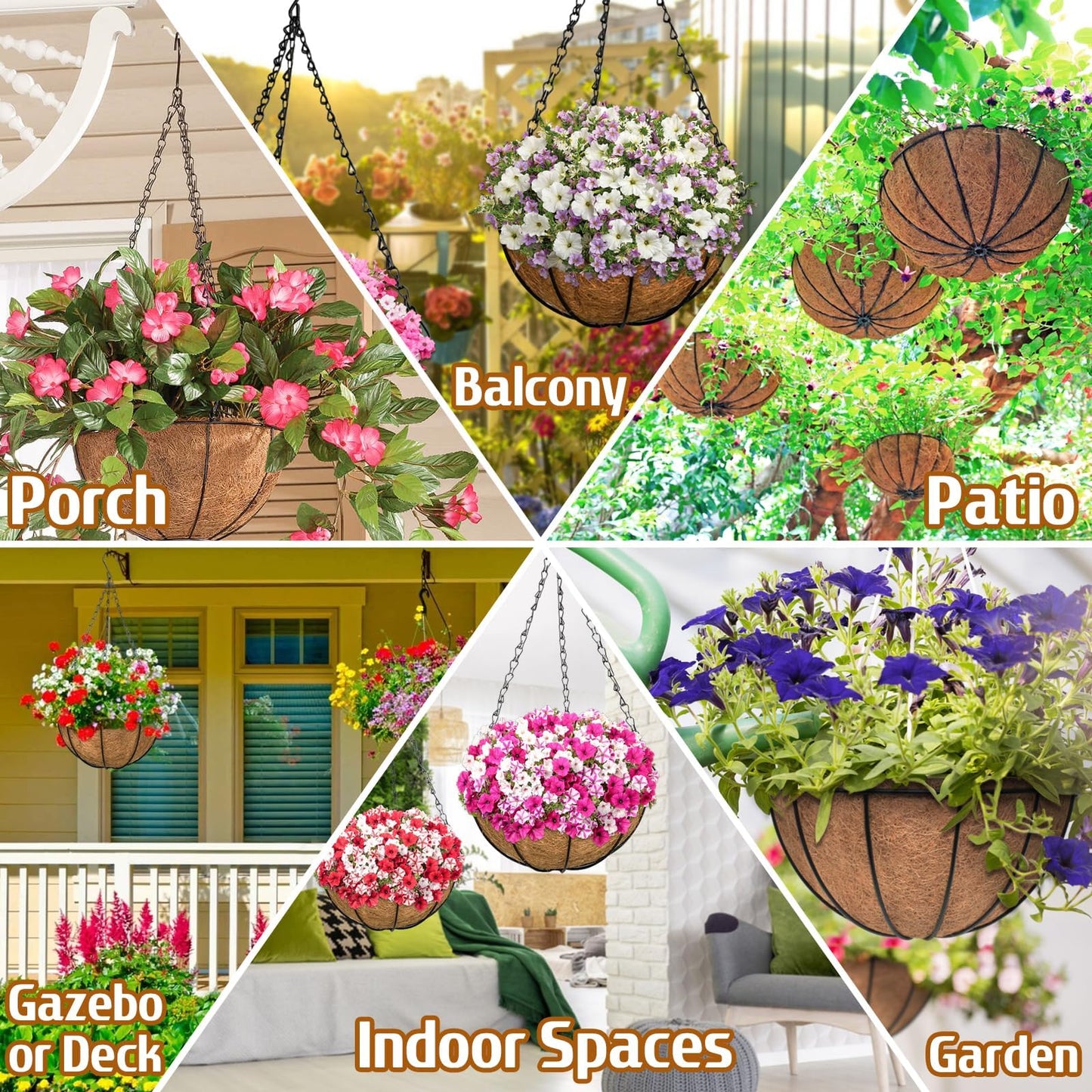 ZeeDix 3 Pack 12 Inch Outdoor Hanging Baskets, Metal Wire Hanging Planters with Coconut Liners, Round Hanging Baskets for Plants Flowers Ferns Home Garden Porch Balcony Railings Decor