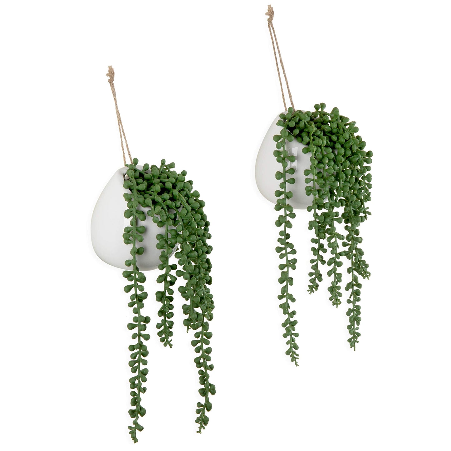 MyGift Artificial Faux String of Pearls Plants in White Ceramic Wall Hanging Planter Pot with Jute Rope, Set of 3