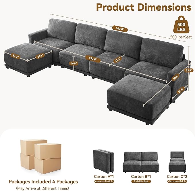 143.8" Modular Sectional Sofa Modern Chenille U Shaped Couch