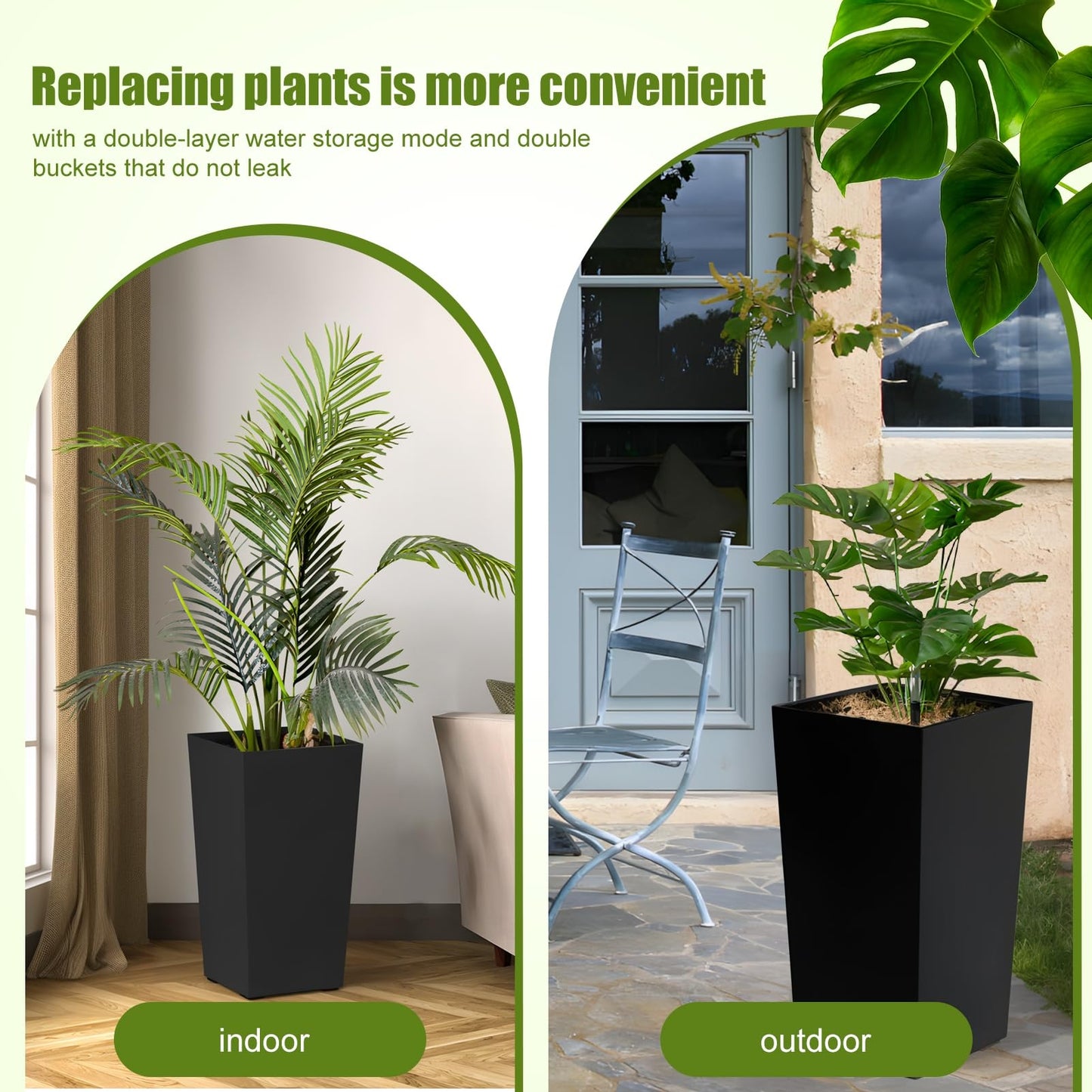 hatleues Resin Tall Planters Set of 2 Tall Flower Pot for Outdoor Indoor Plants, Flower Pots with Water Level Window & Drainage Tray, Dual-Buckle Design for Porch, Balcony, Deck,Modern Decor Black 2