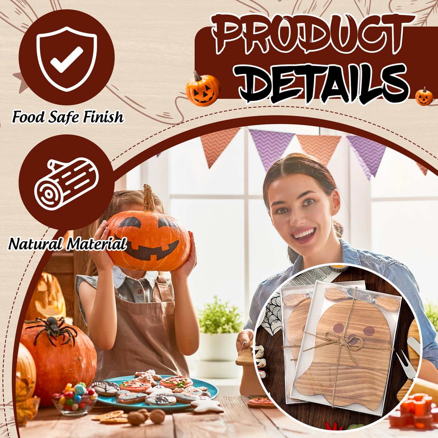 JarThenaAMCS 4 Pack Halloween Cheese Board Cute Ghost Boo Small Cutting Serving Tray Platter with Knife Set for Charcuterie Trick or Treat Party Home Decoration