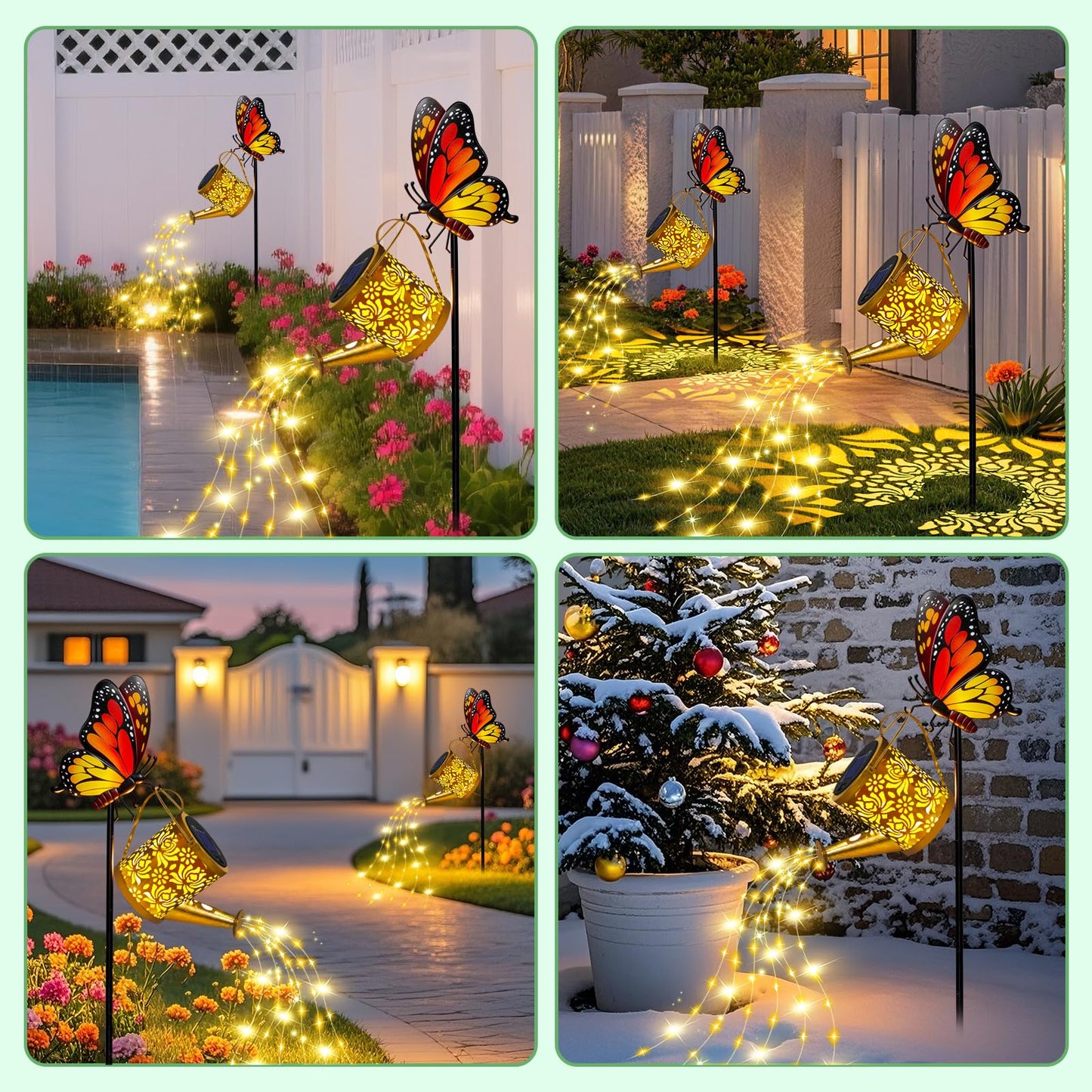 yeuago Solar Lights Outdoor Decorative, Watering Can with Cascading LED Lights on Butterfly Shepherd's Hook, Solar Garden Stake Decor for Yard, Mothers Day Gift for Women Mom